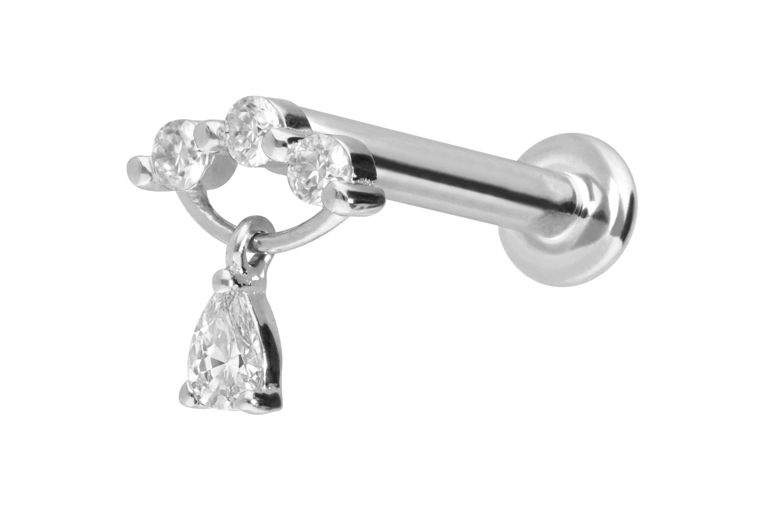 14 Karat Gold Labret Piercing mit Innengewinde MOISSANIT-BOGEN + MOISSANIT-TROPFEN